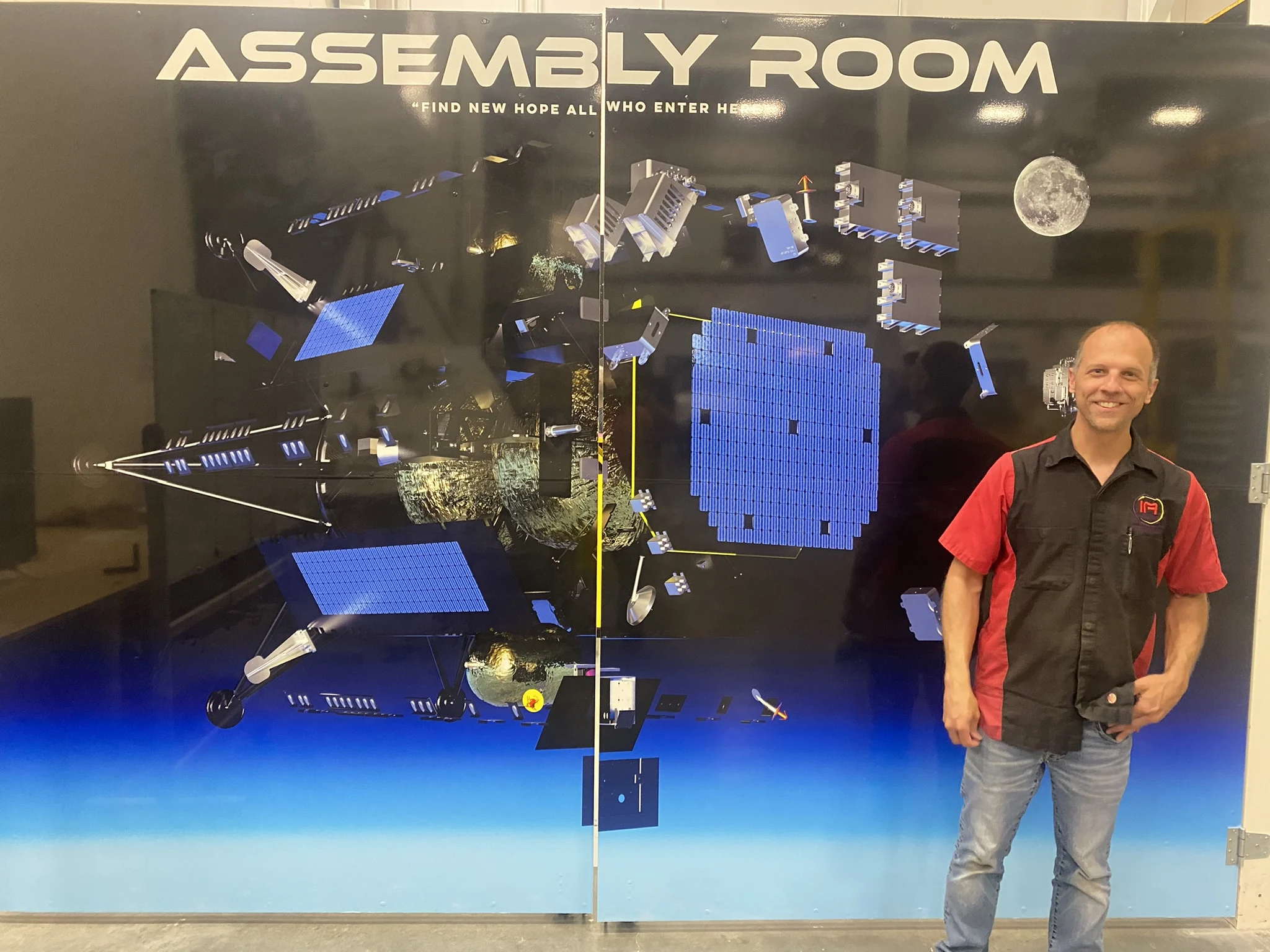 Intuitive Machines assembly room with lunar lander components, showcasing graphene coatings Houston.