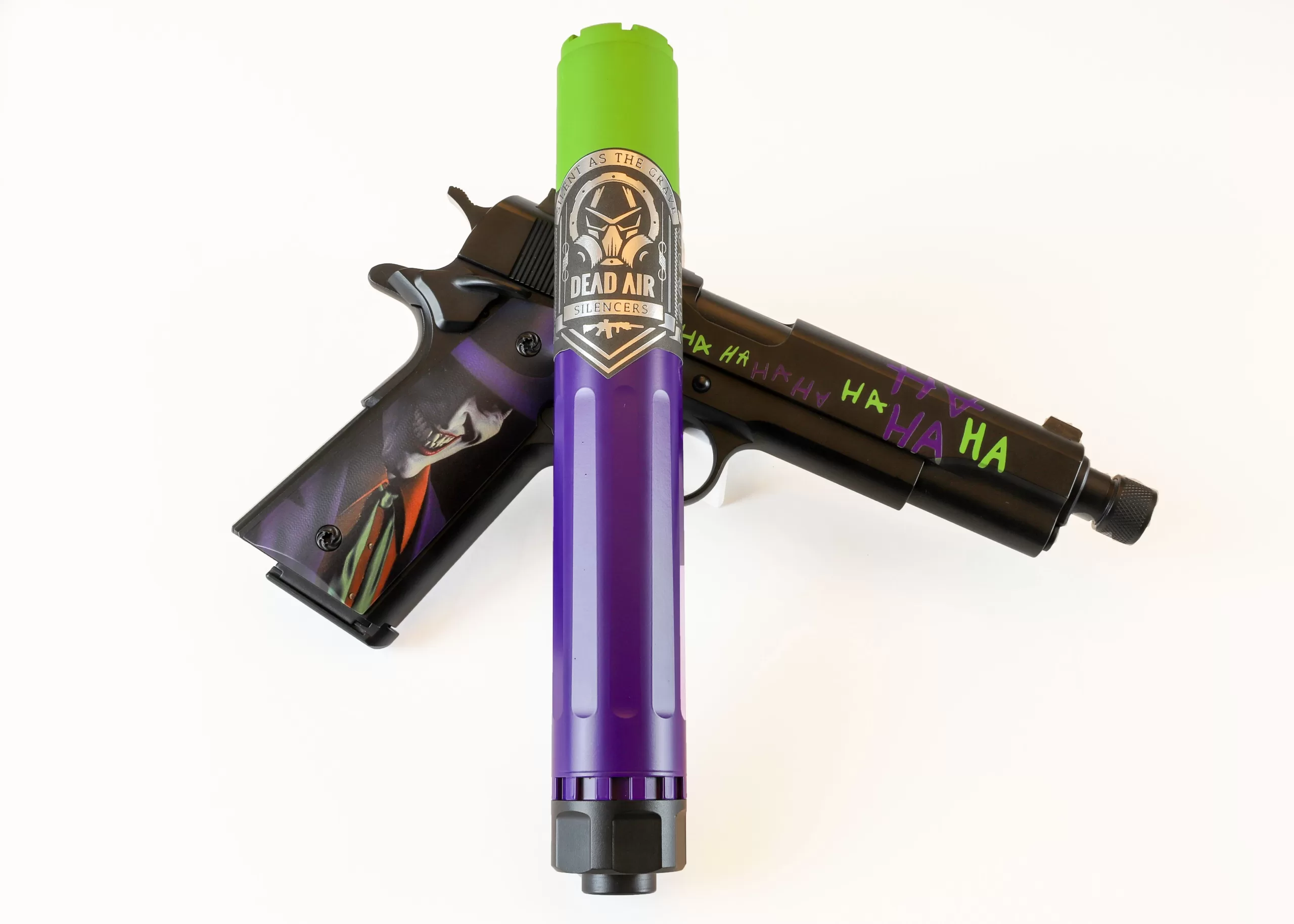 Joker Why So Serious Joker themed 1911 and Dead Air Silencer coated in Blackstone and Graphene by IA Coatings
